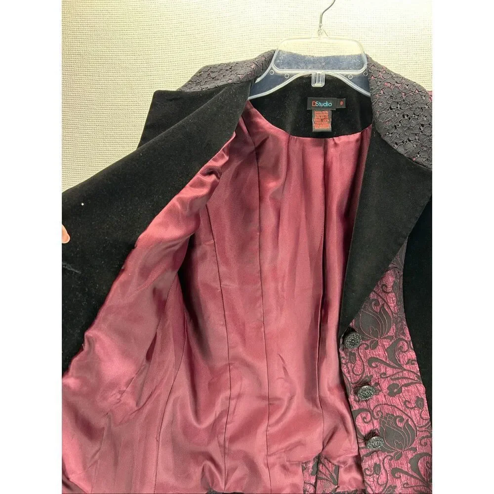 D studio Gothic Velvet Blazer Size 8 Black & Burgundy Y2K Victorian Jacket - Picture 15 of 15